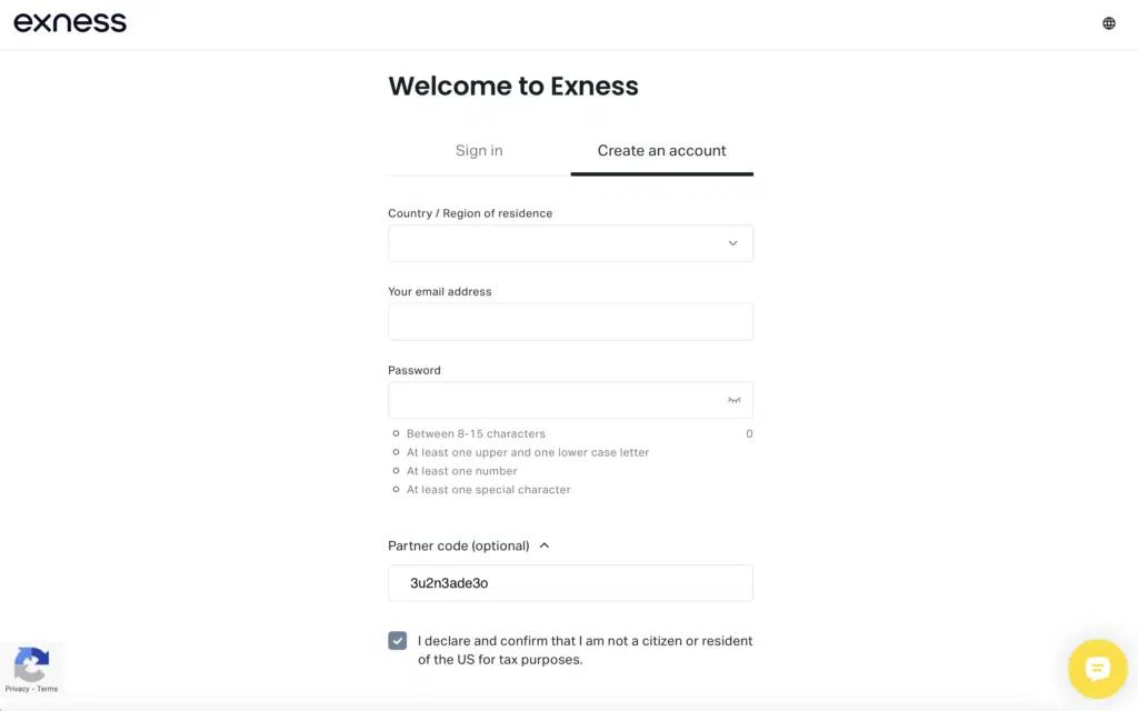 Exness signup form - partner code