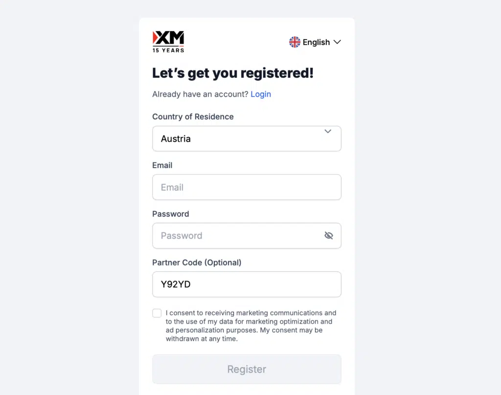 XM signup form - partner code
