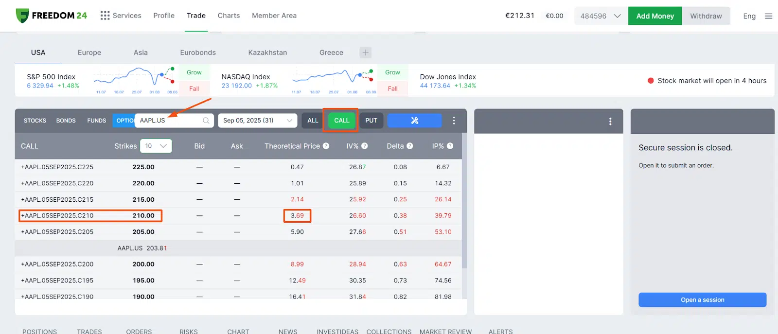Freedom24 investment dashboard (Options of Apple)